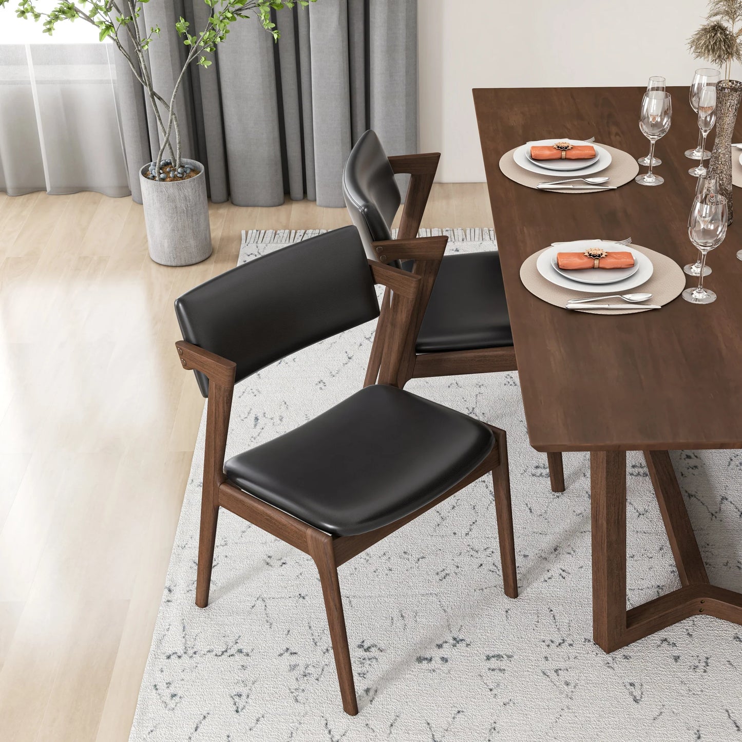 Dining Set Rolda Dining Table (Walnut) with 4 Ricco Chairs (Black Leather)