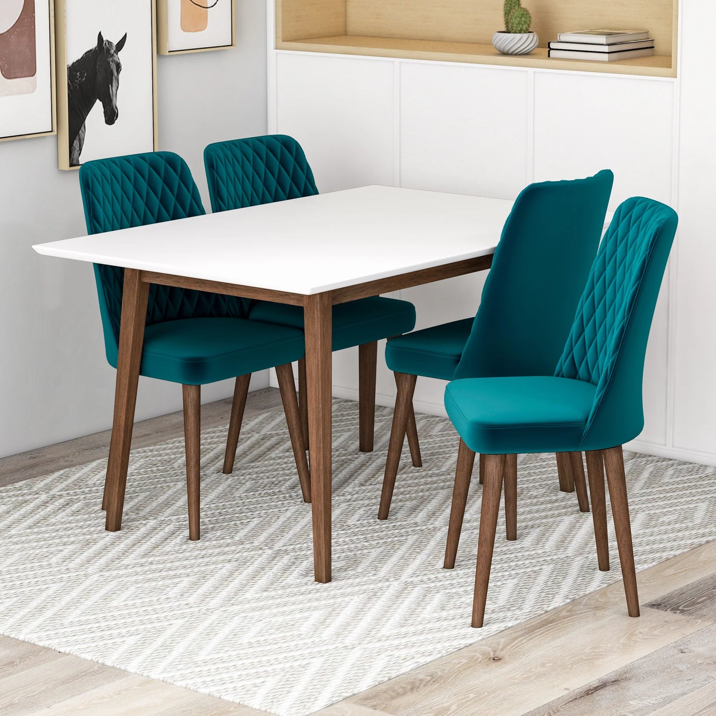 Adira (Small - White) Dining Set with 4 Evette (Teal Velvet) Dining Chairs