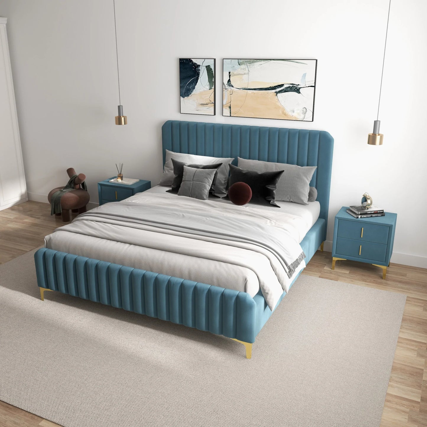 Angela Sea Blue Velvet Platform Bed