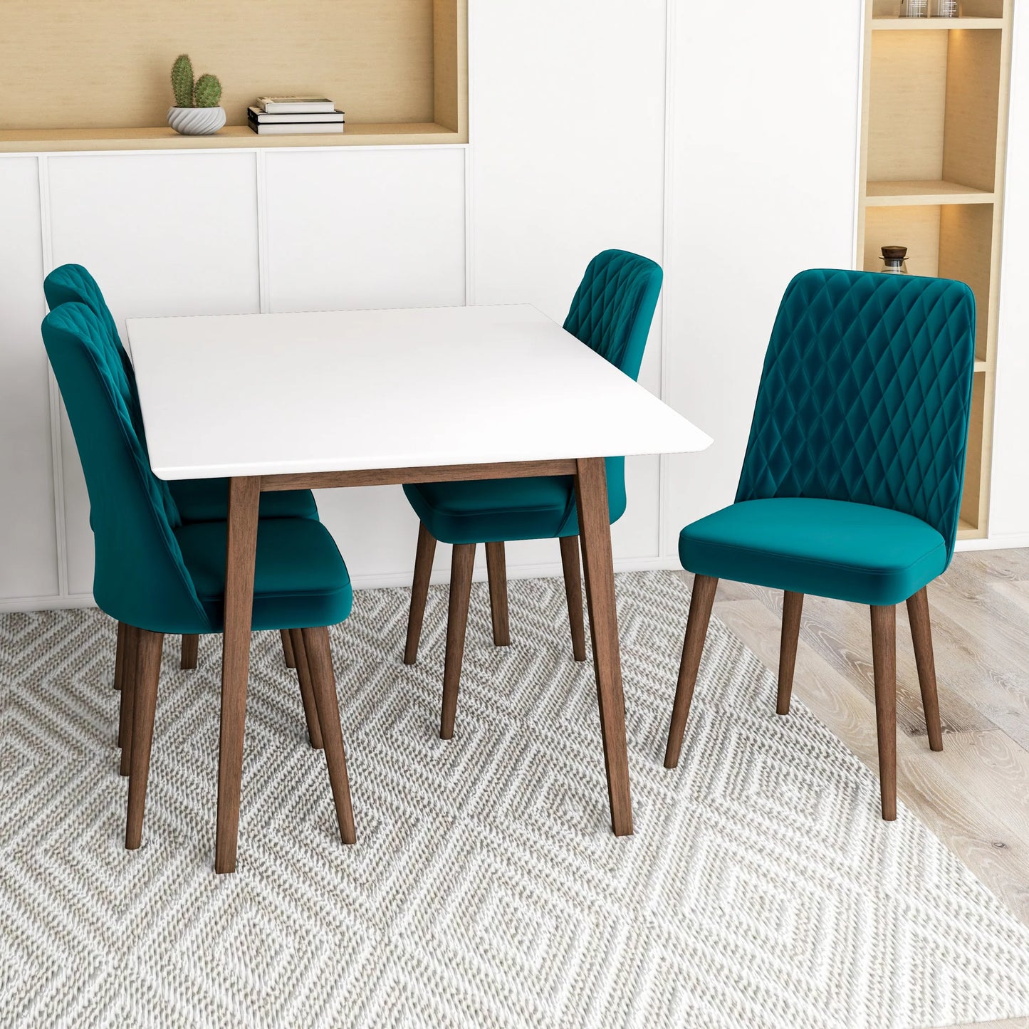 Adira (Small - White) Dining Set with 4 Evette (Teal Velvet) Dining Chairs