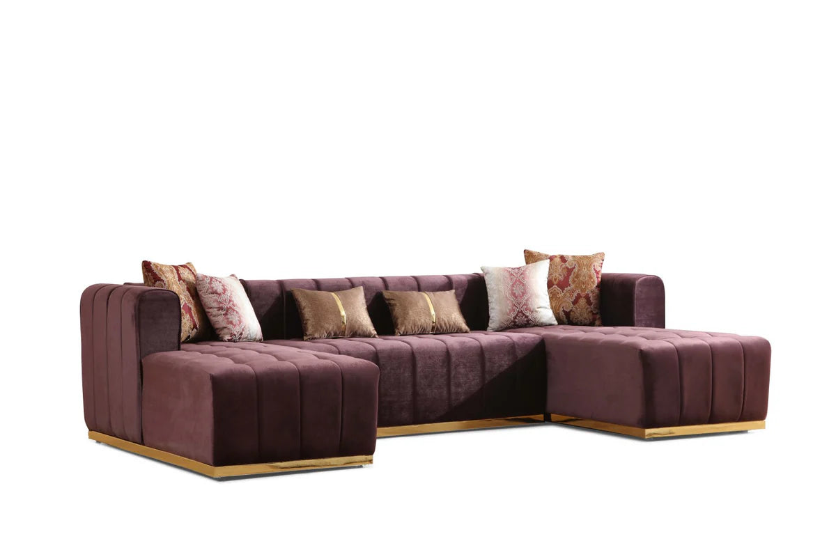 Siesta U Double Chase Sectional Velvet Upholstery- Burgundy