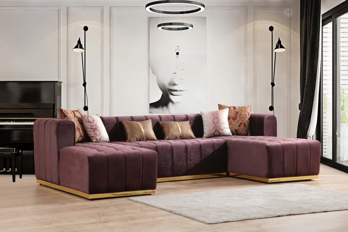 Siesta U Double Chase Sectional Velvet Upholstery- Burgundy