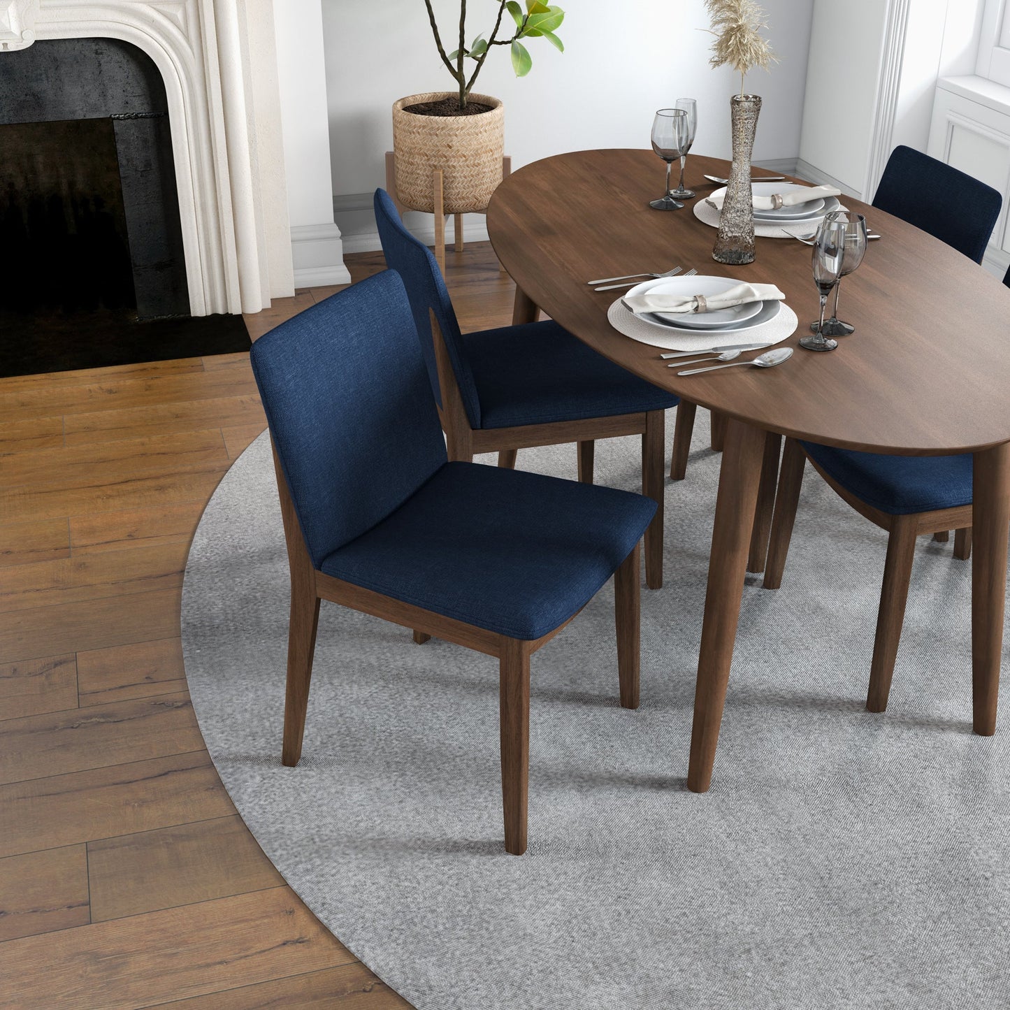 Dining set, Rixos Walnut Table with 4 Virginia Blue Fabric Chairs