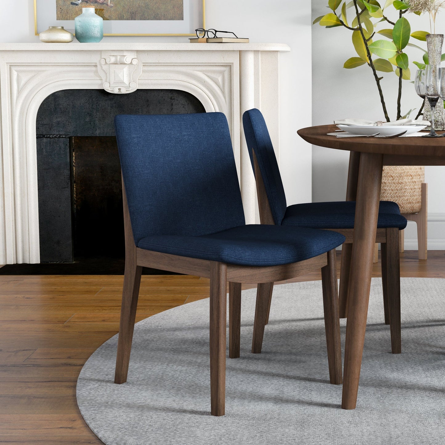 Dining set, Rixos Walnut Table with 4 Virginia Blue Fabric Chairs