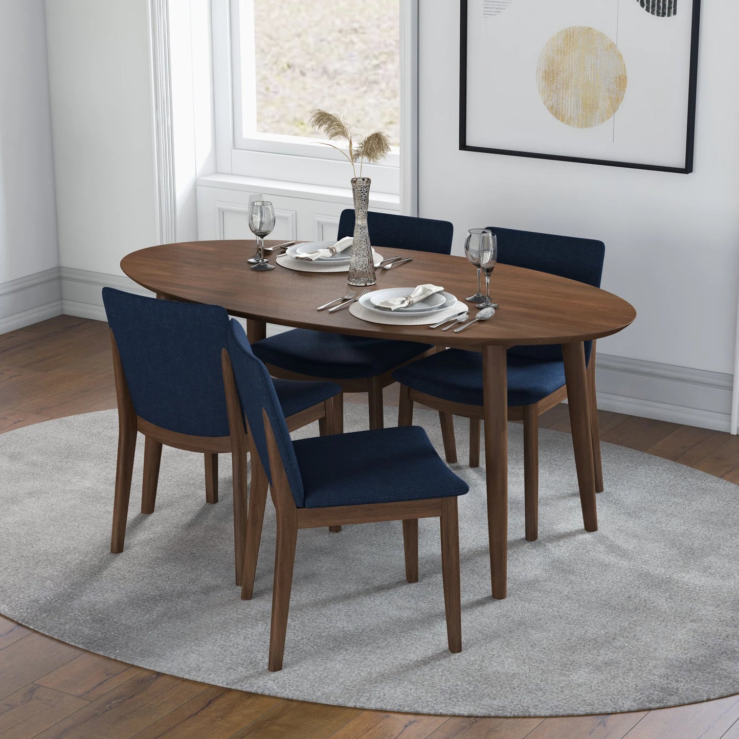 Dining set, Rixos Walnut Table with 4 Virginia Blue Fabric Chairs