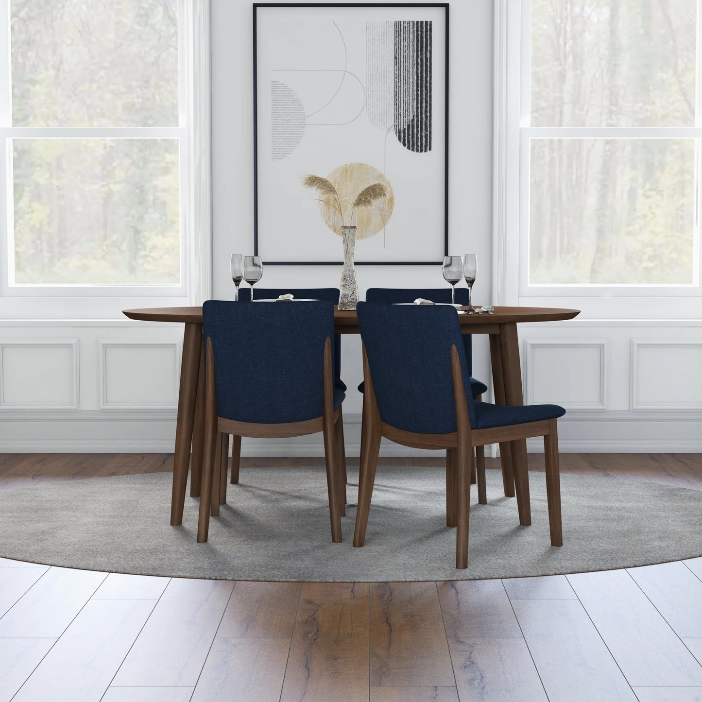 Dining set, Rixos Walnut Table with 4 Virginia Blue Fabric Chairs