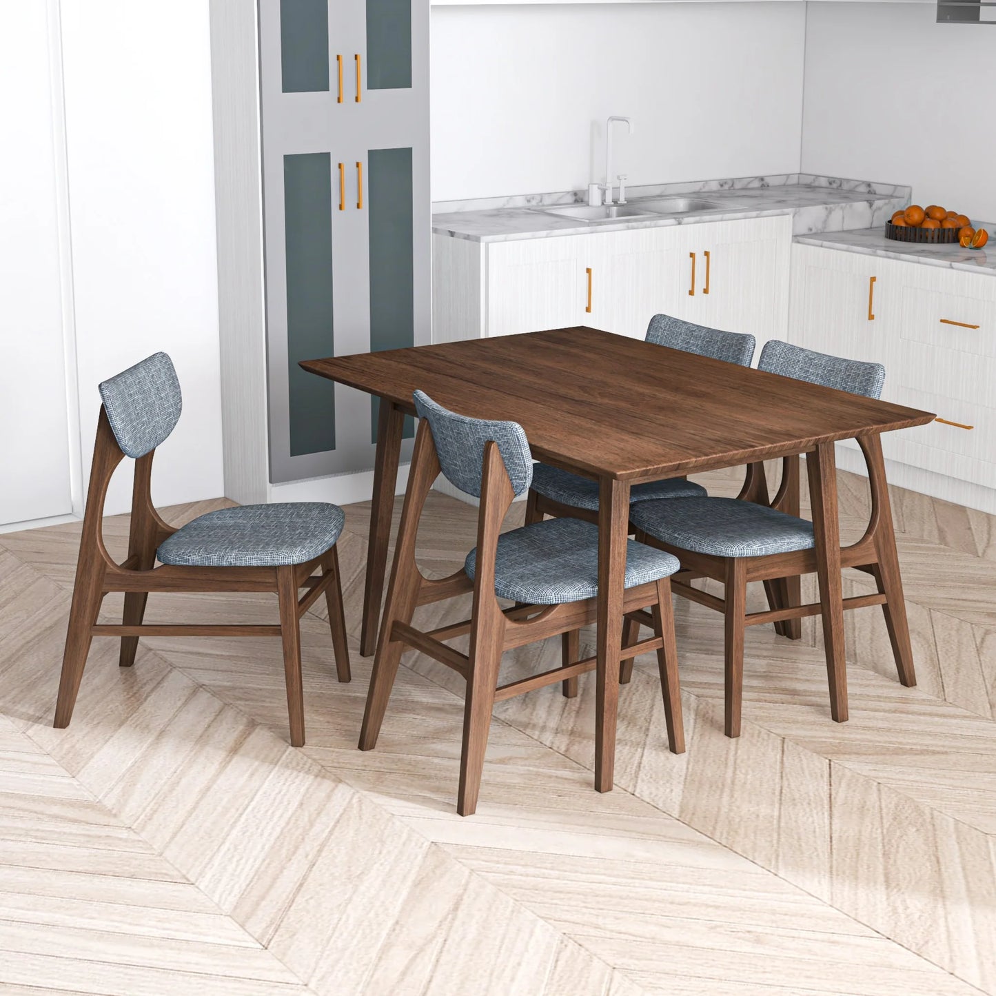 Adira (Small - Walnut) Dining Set with 4 Collins (Grey) Dining Chairs