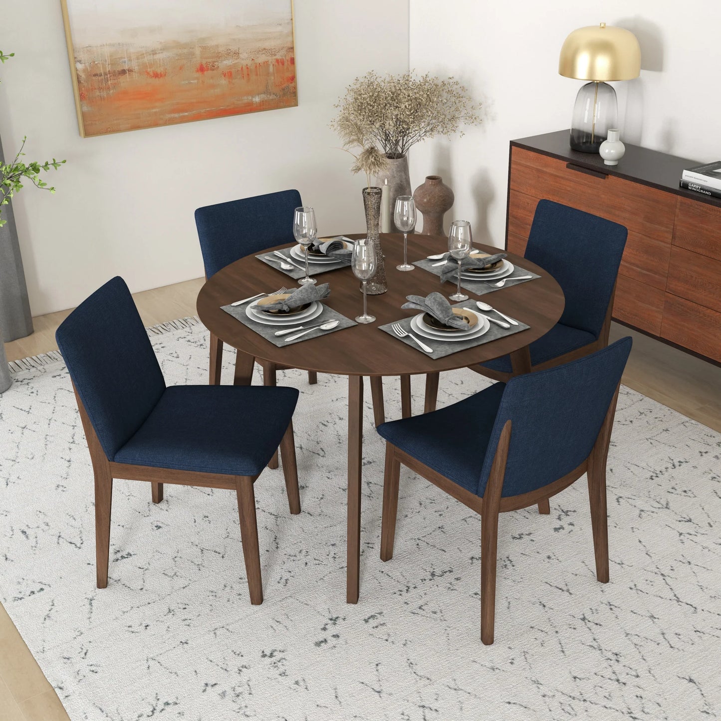 Dining Set, Aliana Walnut Round Table with 4 Virginia Blue Chairs
