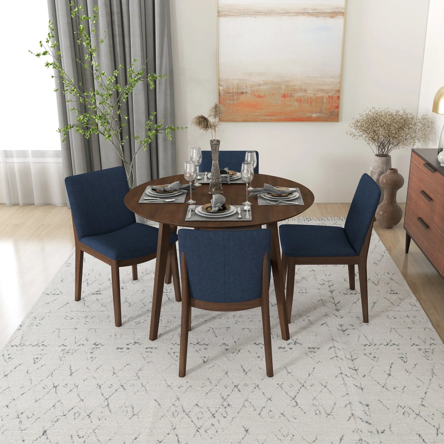 Dining Set, Aliana Walnut Round Table with 4 Virginia Blue Chairs