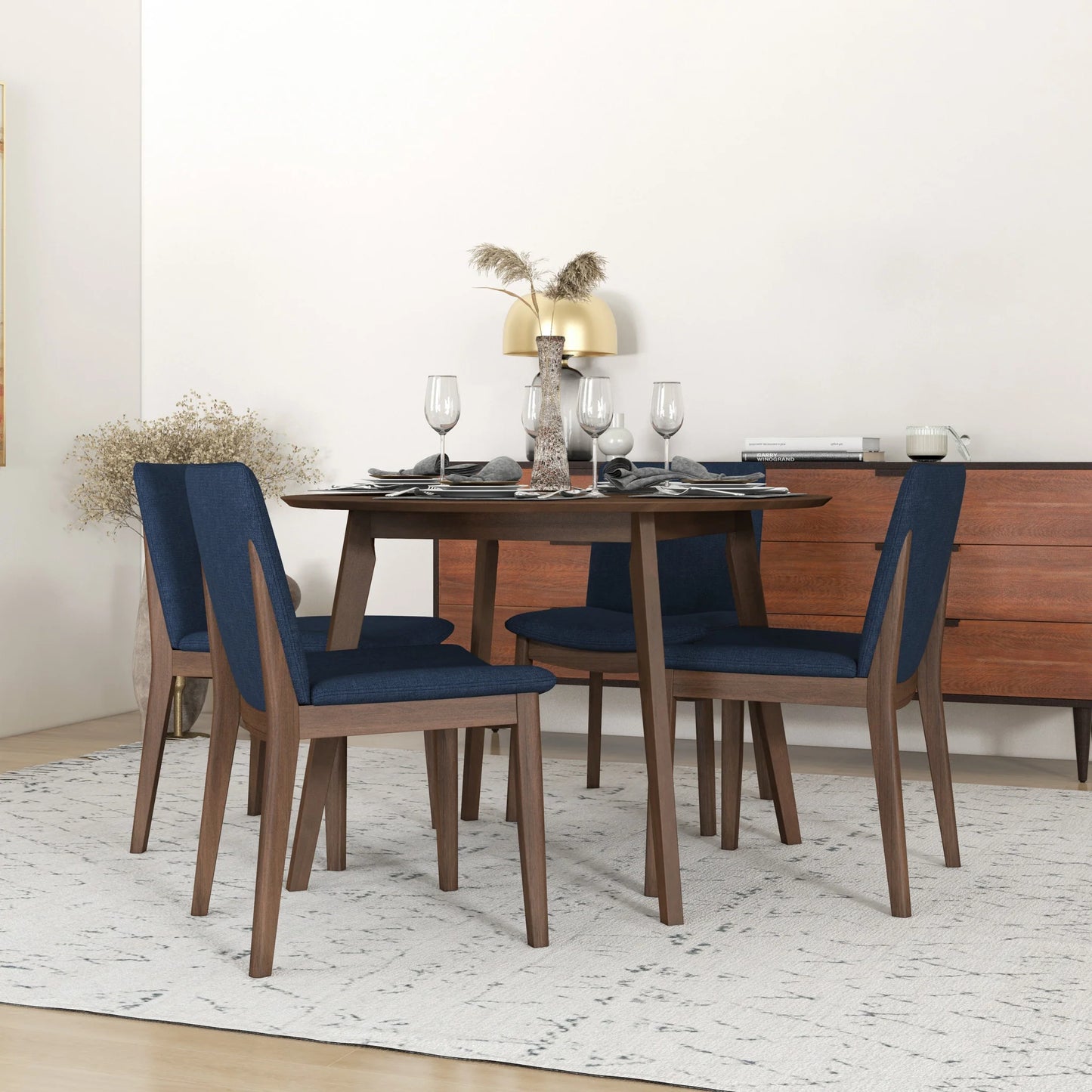 Dining Set, Aliana Walnut Round Table with 4 Virginia Blue Chairs