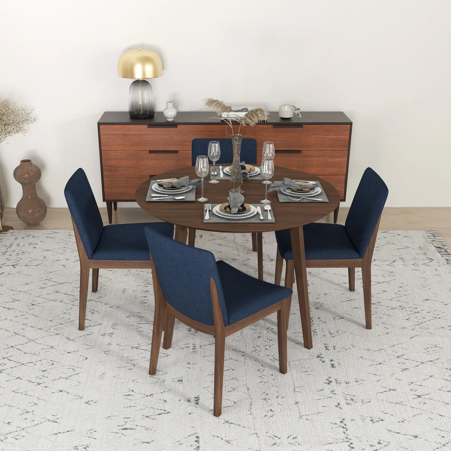 Dining Set, Aliana Walnut Round Table with 4 Virginia Blue Chairs