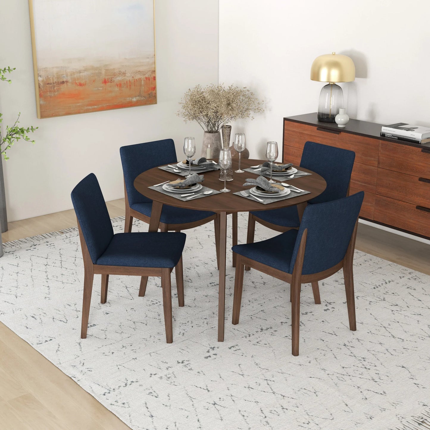Dining Set, Aliana Walnut Round Table with 4 Virginia Blue Chairs