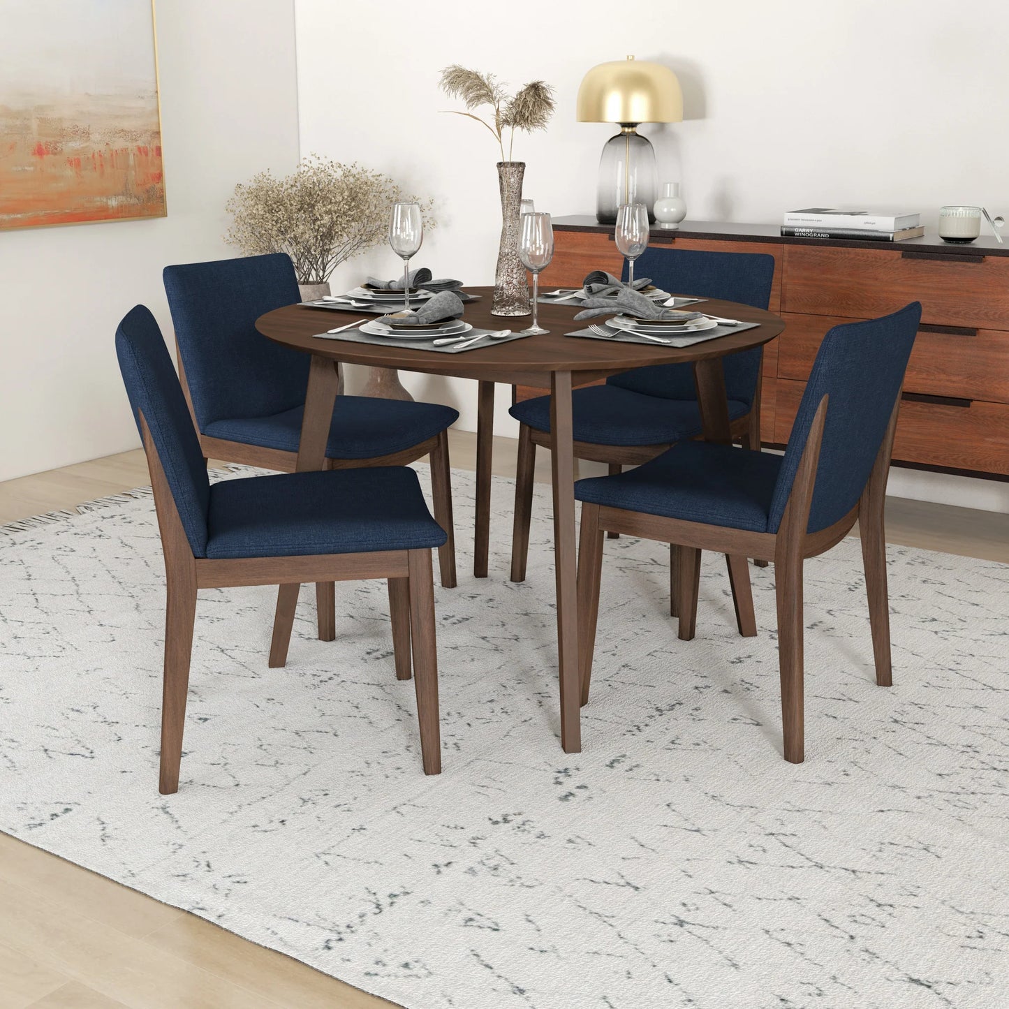 Dining Set, Aliana Walnut Round Table with 4 Virginia Blue Chairs