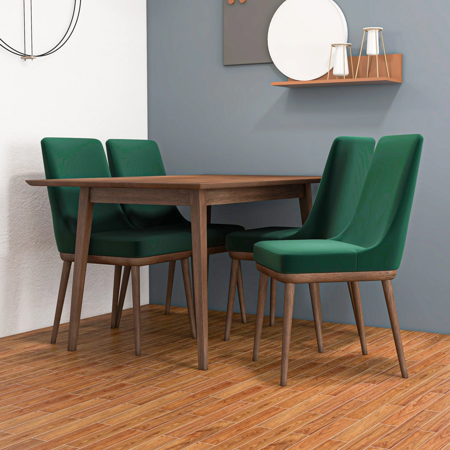 Adira (Small - Walnut) Dining Set with 4 Brighton (Green Velvet) Dining Chairs