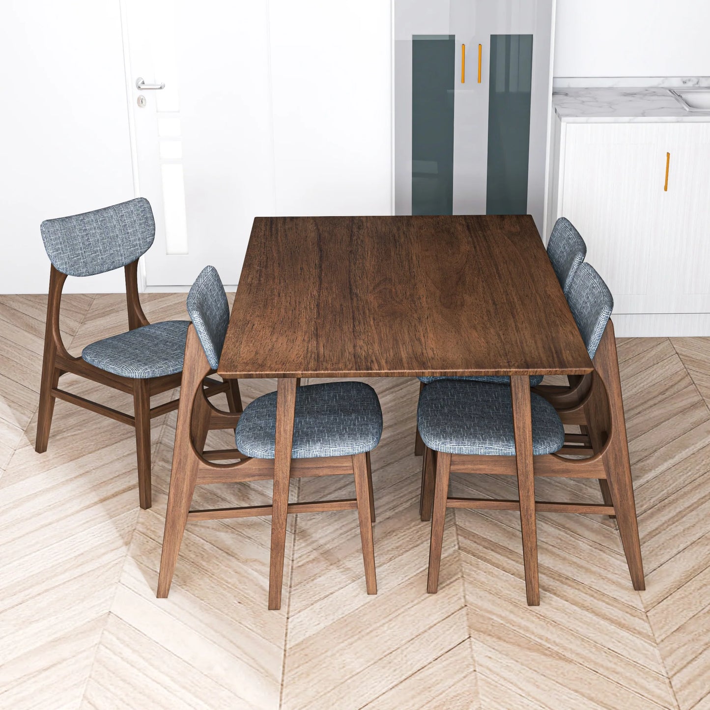 Adira (Small - Walnut) Dining Set with 4 Collins (Grey) Dining Chairs