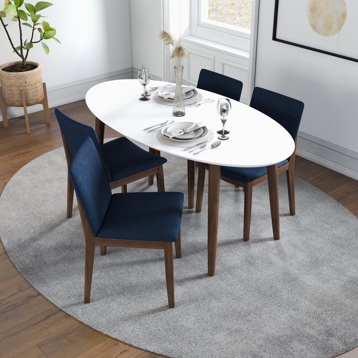 Rixos (White) Dining set with 4 Virginia (Blue Velvet) Dining Chairs