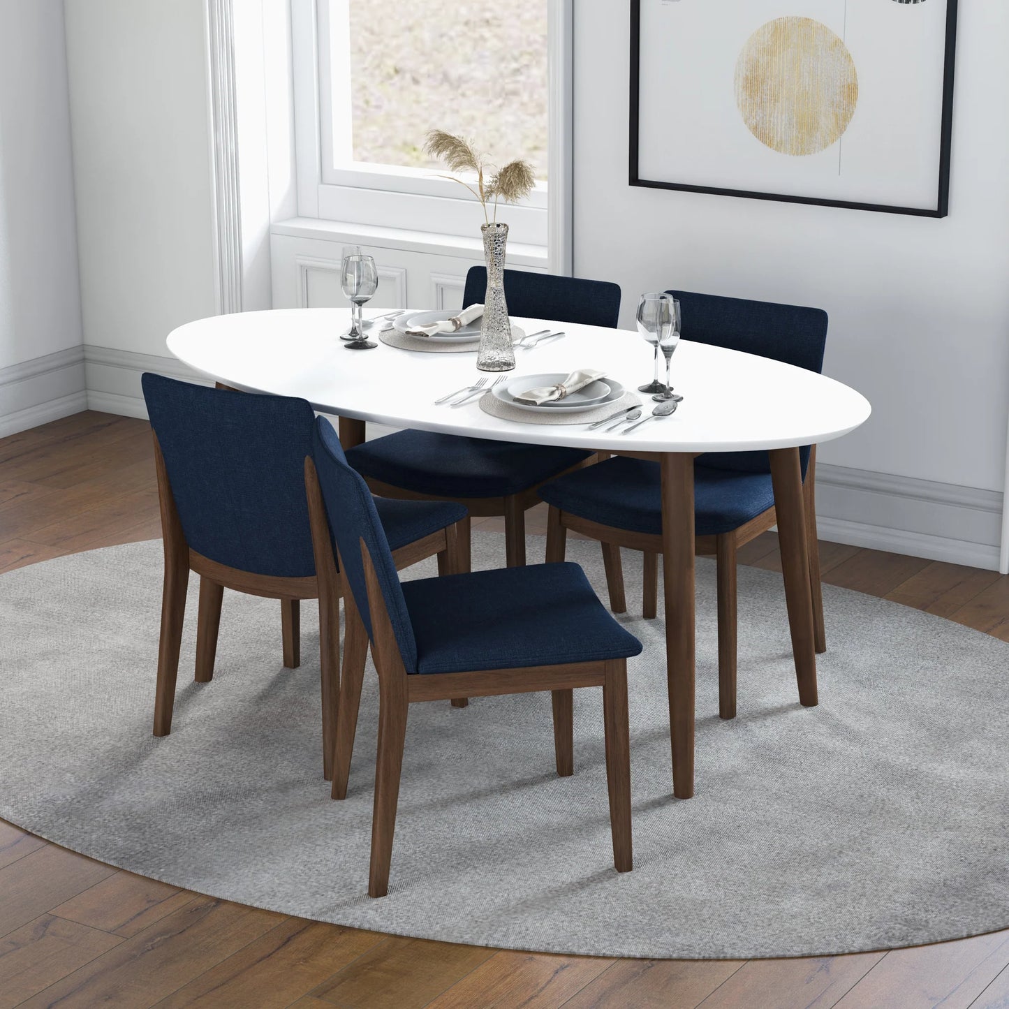 Rixos (White) Dining set with 4 Virginia (Blue Velvet) Dining Chairs
