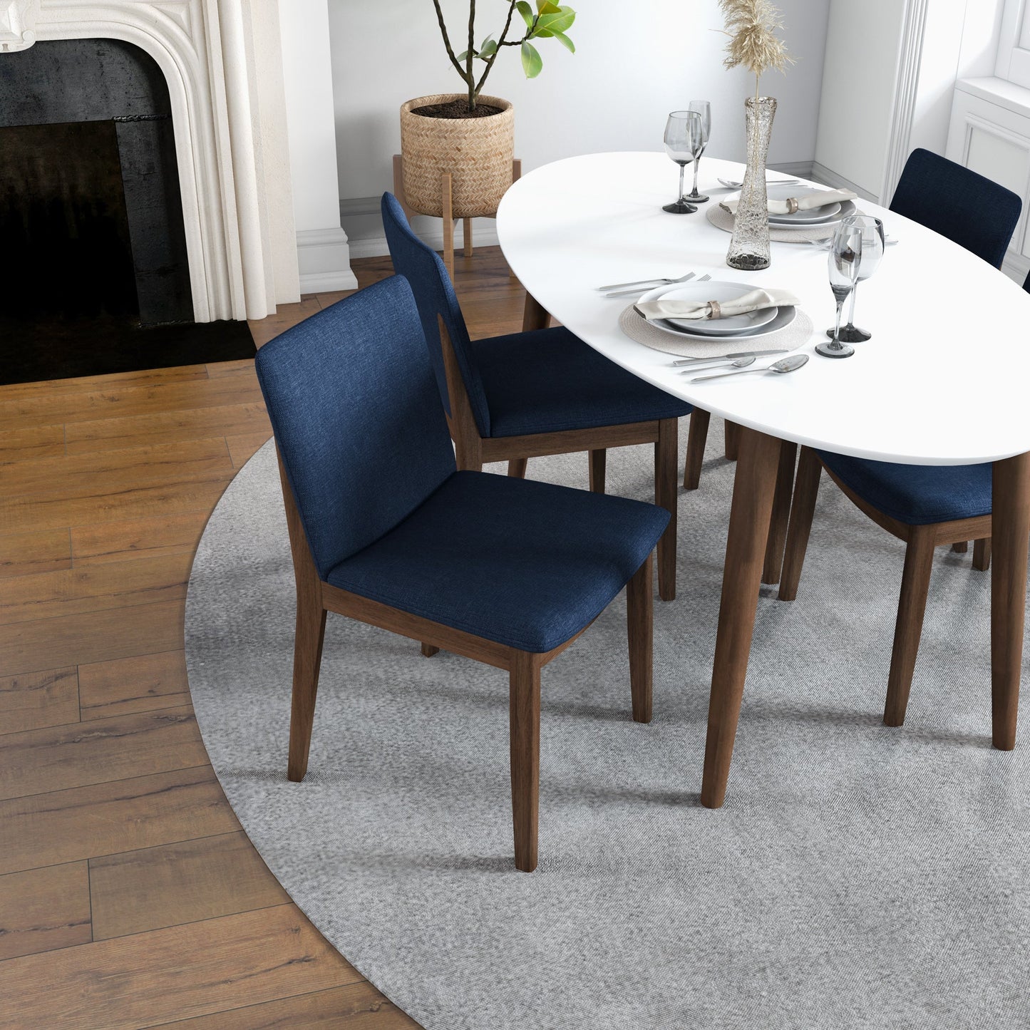 Rixos (White) Dining set with 4 Virginia (Blue Velvet) Dining Chairs