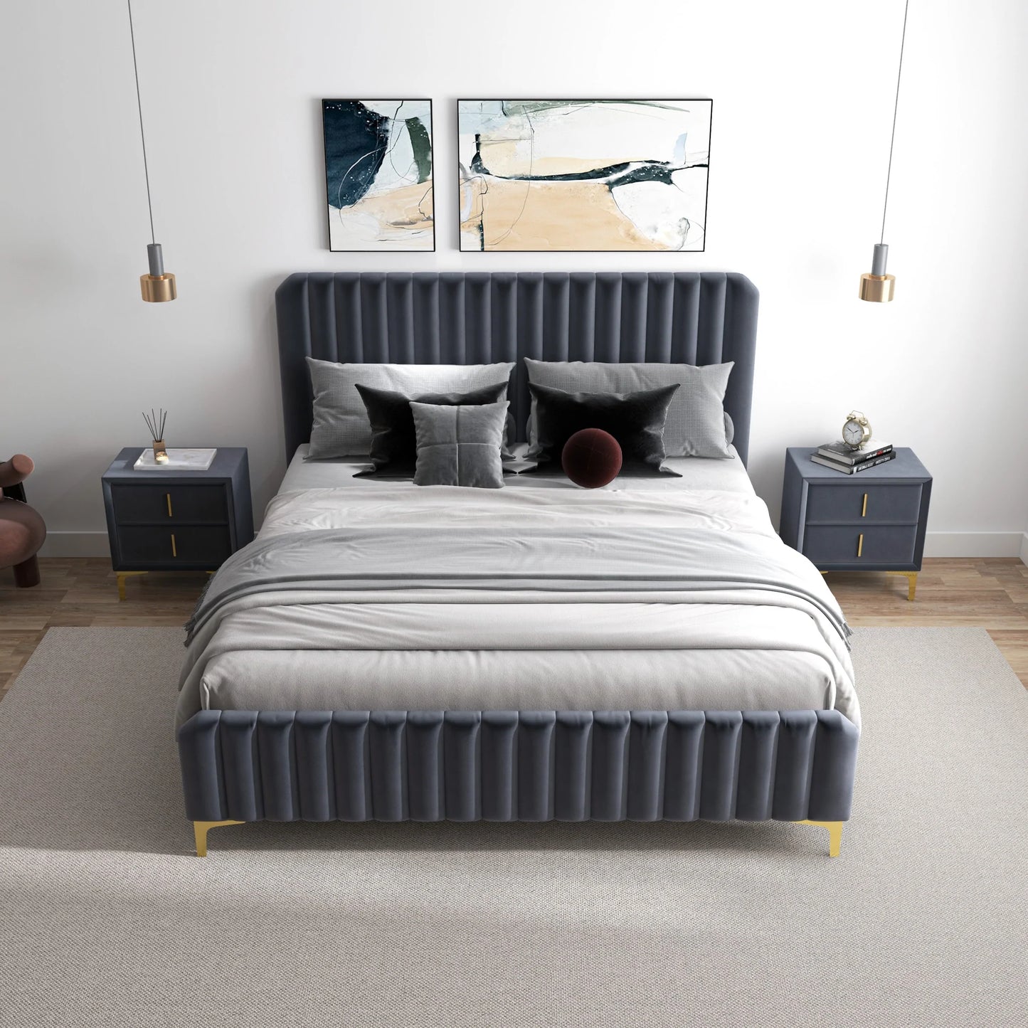 Angela Grey Velvet Platform Bed Queen - Cognac Velvet