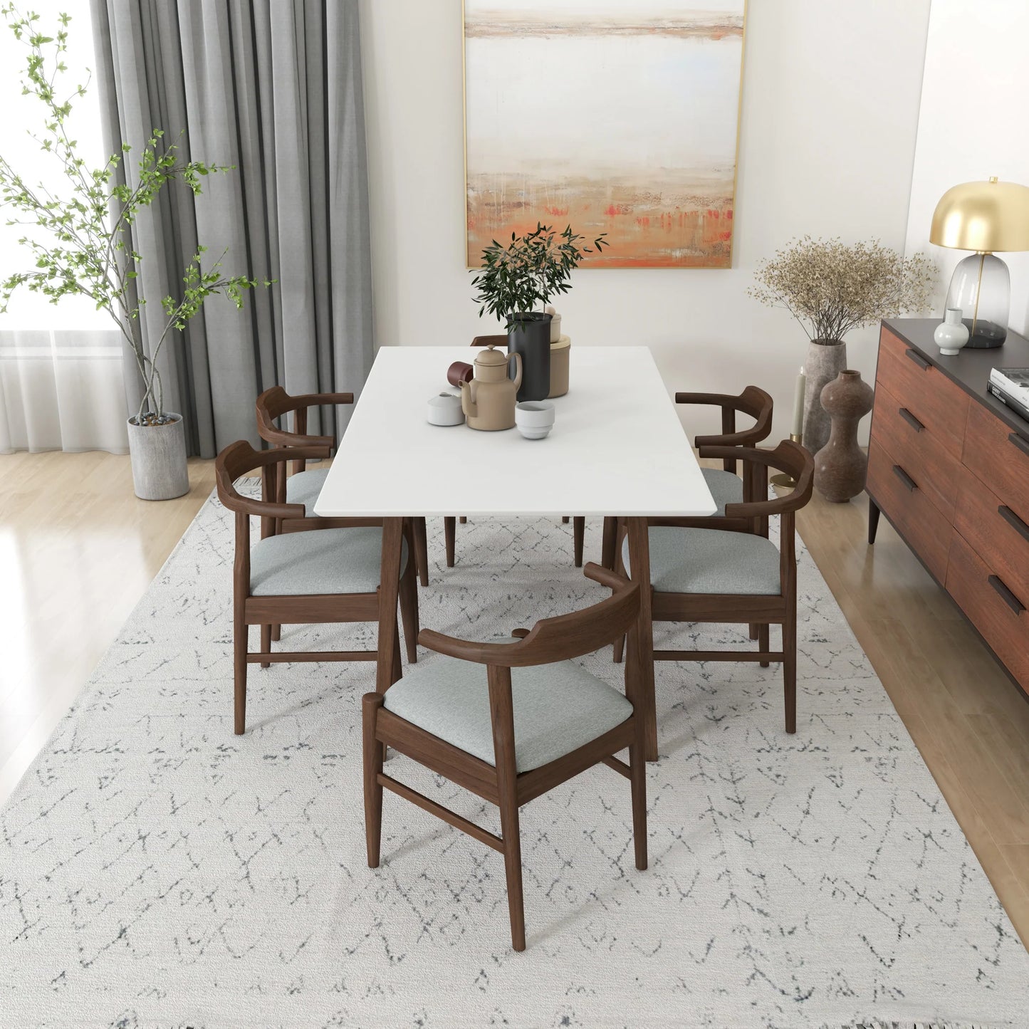 Alpine (Large - WHITE) Dining Set with 6 Zola (Gray Fabric) Dining Chairs