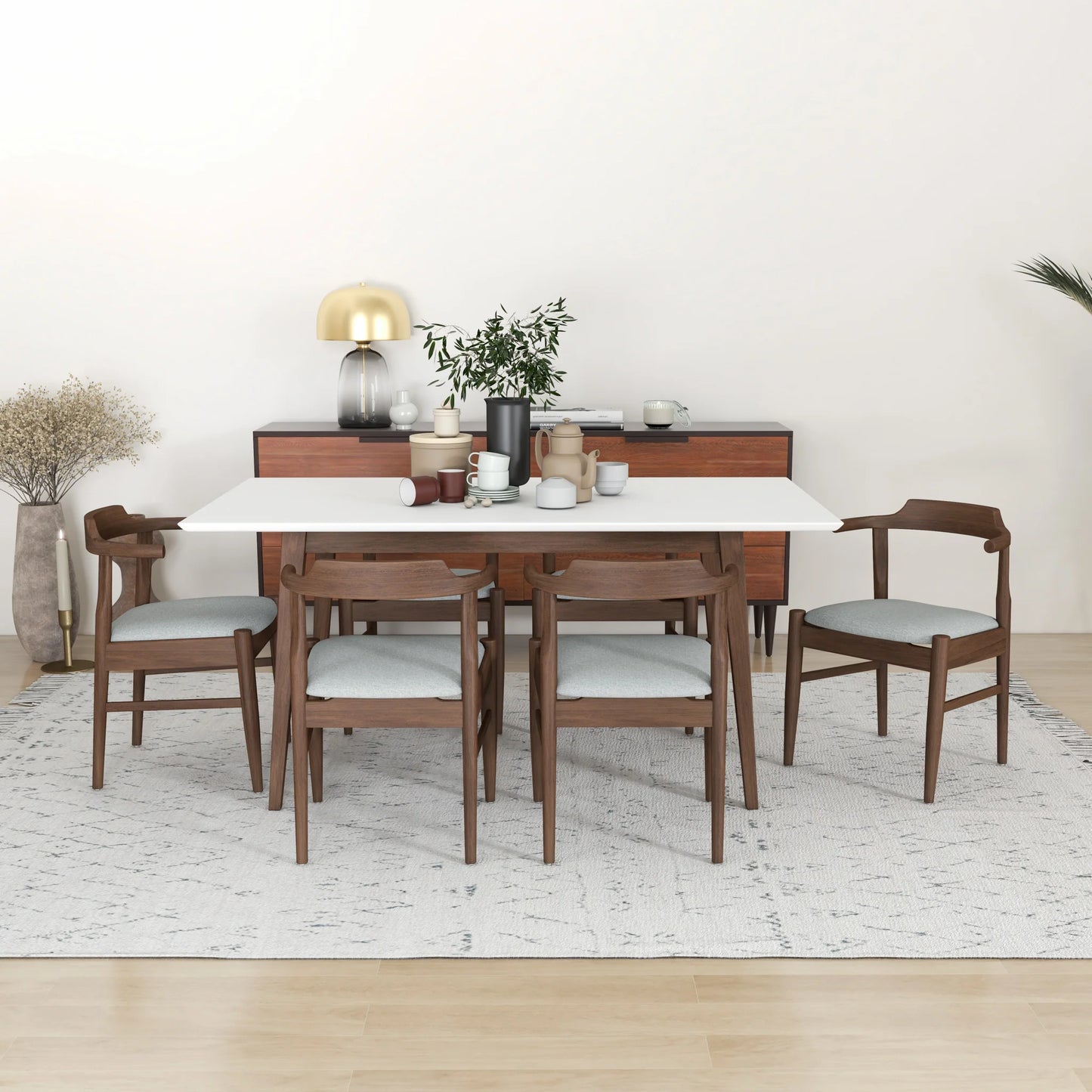 Alpine (Large - WHITE) Dining Set with 6 Zola (Gray Fabric) Dining Chairs