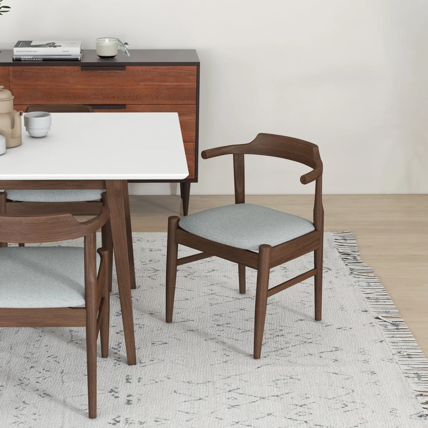 Alpine (Large - WHITE) Dining Set with 6 Zola (Gray Fabric) Dining Chairs
