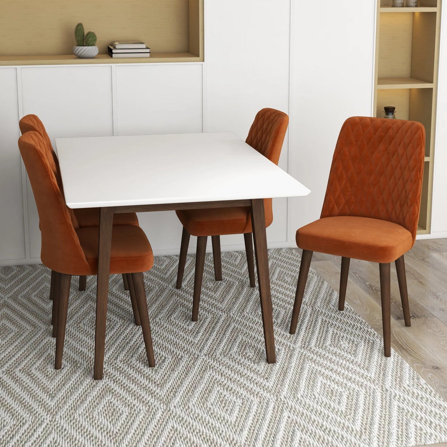 Adira (Small - White) Dining Set with 4 Evette (Burnt Orange Velvet) Dining Chairs
