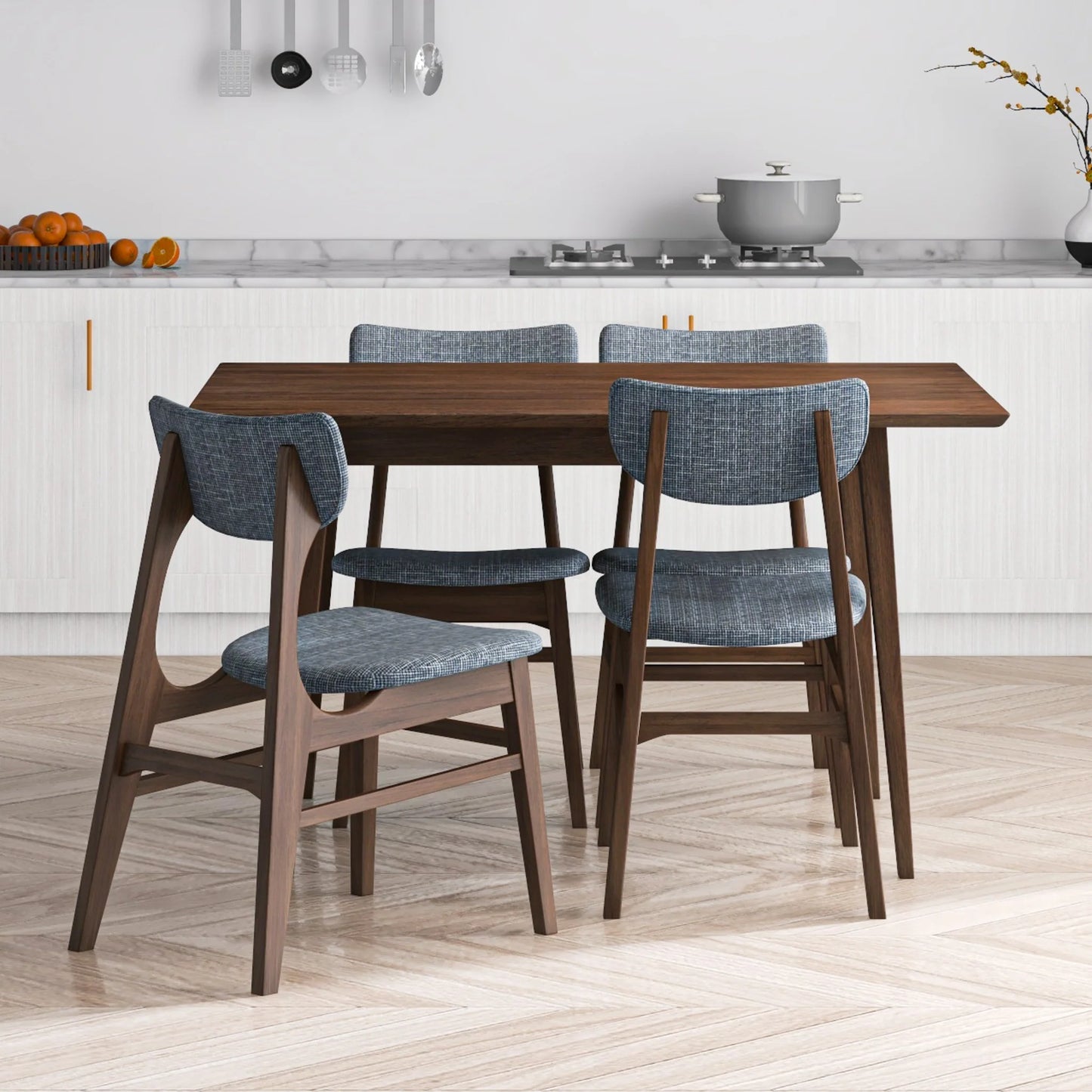 Adira (Small - Walnut) Dining Set with 4 Collins (Grey) Dining Chairs