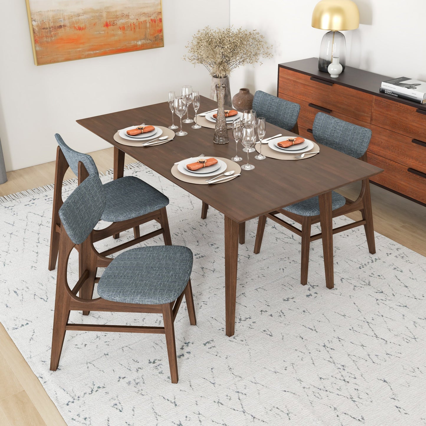 Alpine Large Dining Set with 4 Collins Dining Chairs (Walnut)