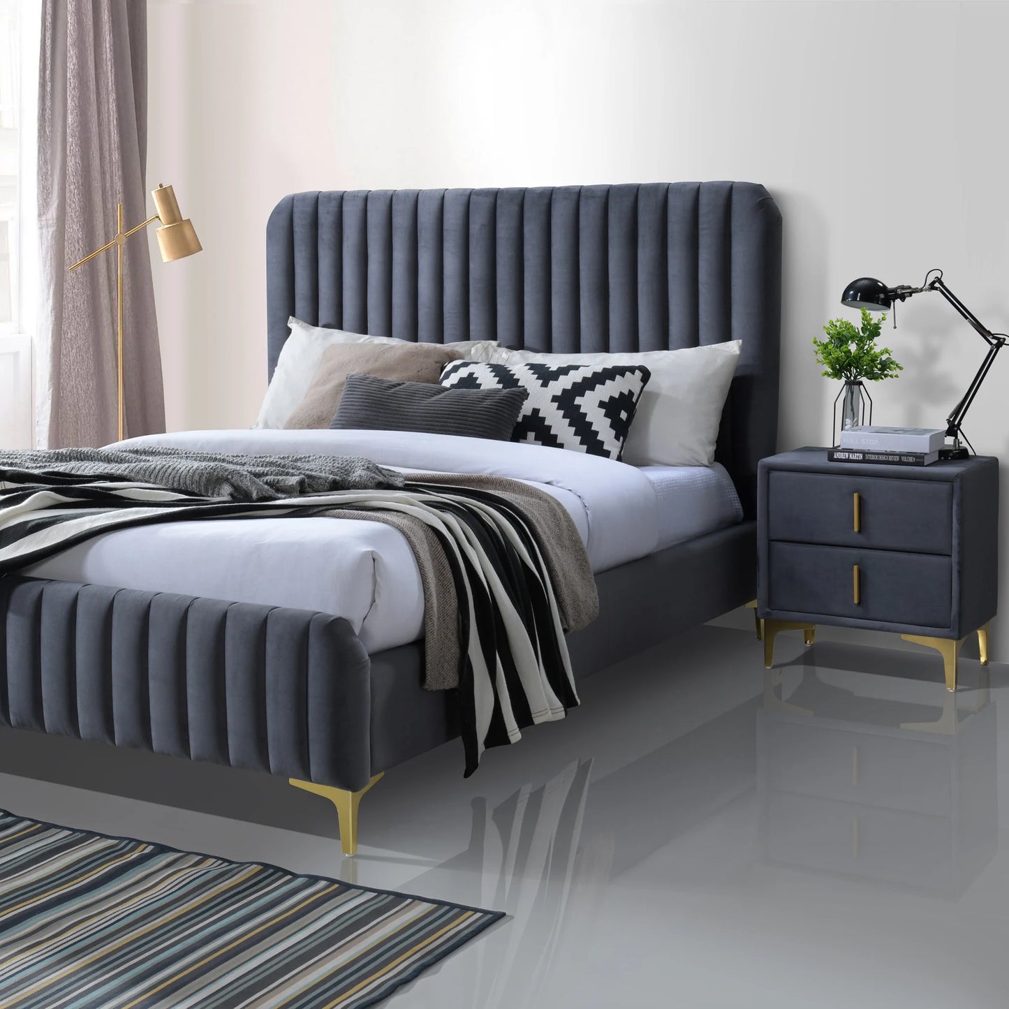 Angela Grey Velvet Platform Bed Queen - Cognac Velvet