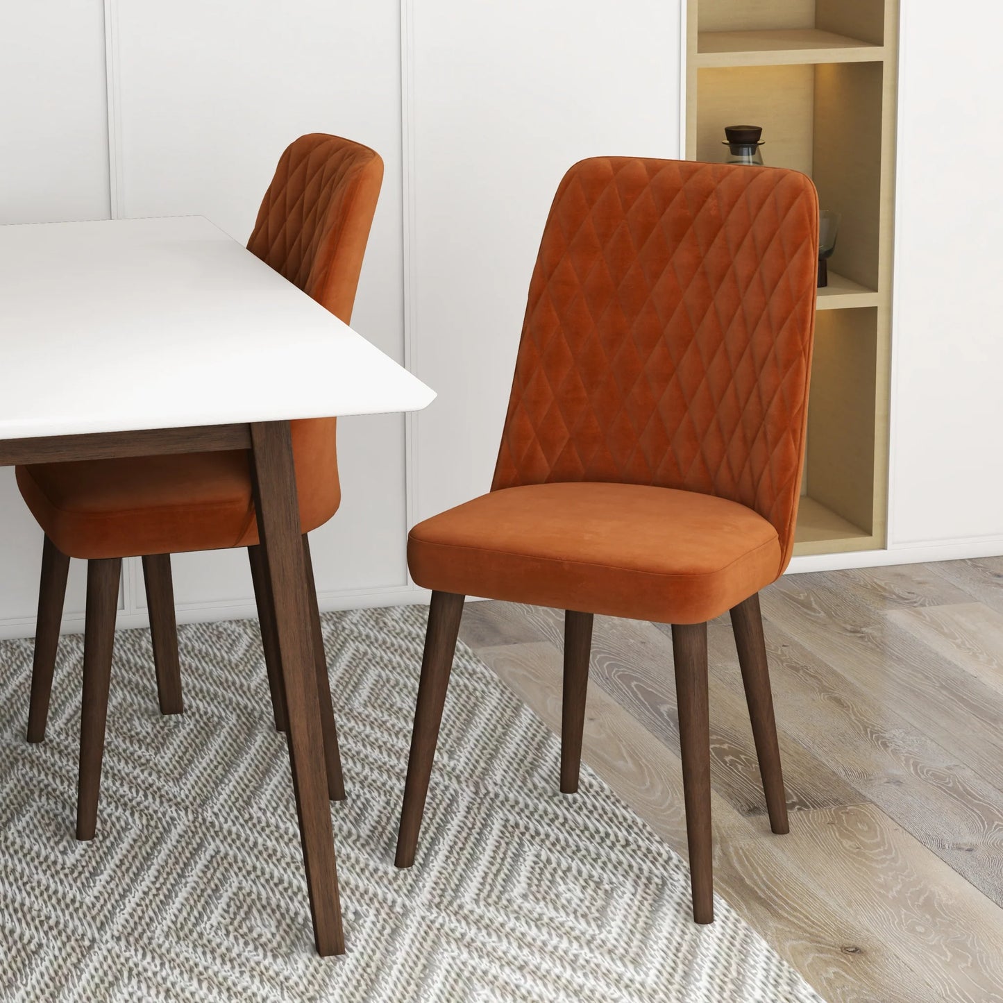 Adira (Small - White) Dining Set with 4 Evette (Burnt Orange Velvet) Dining Chairs