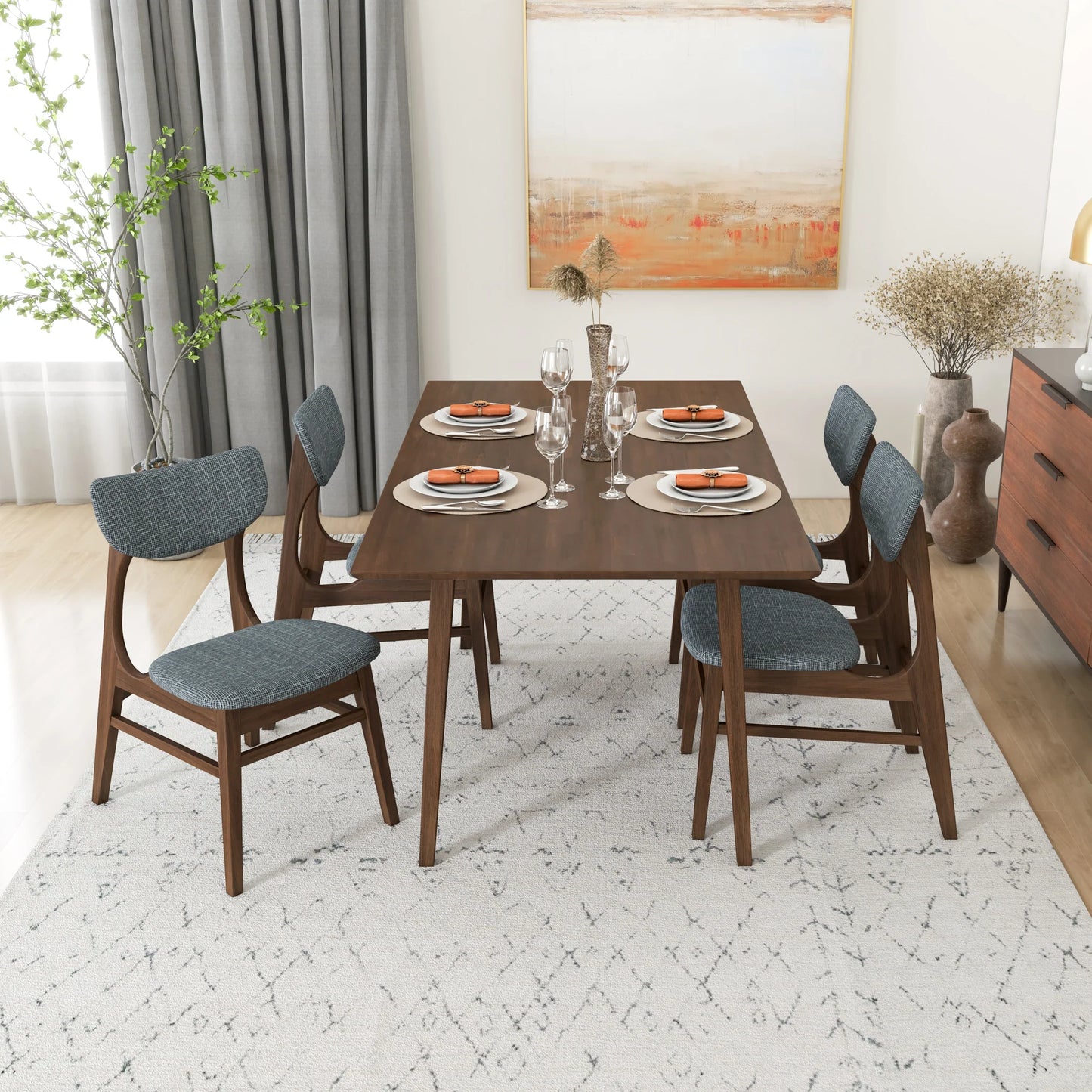 Alpine Large Dining Set with 4 Collins Dining Chairs (Walnut)