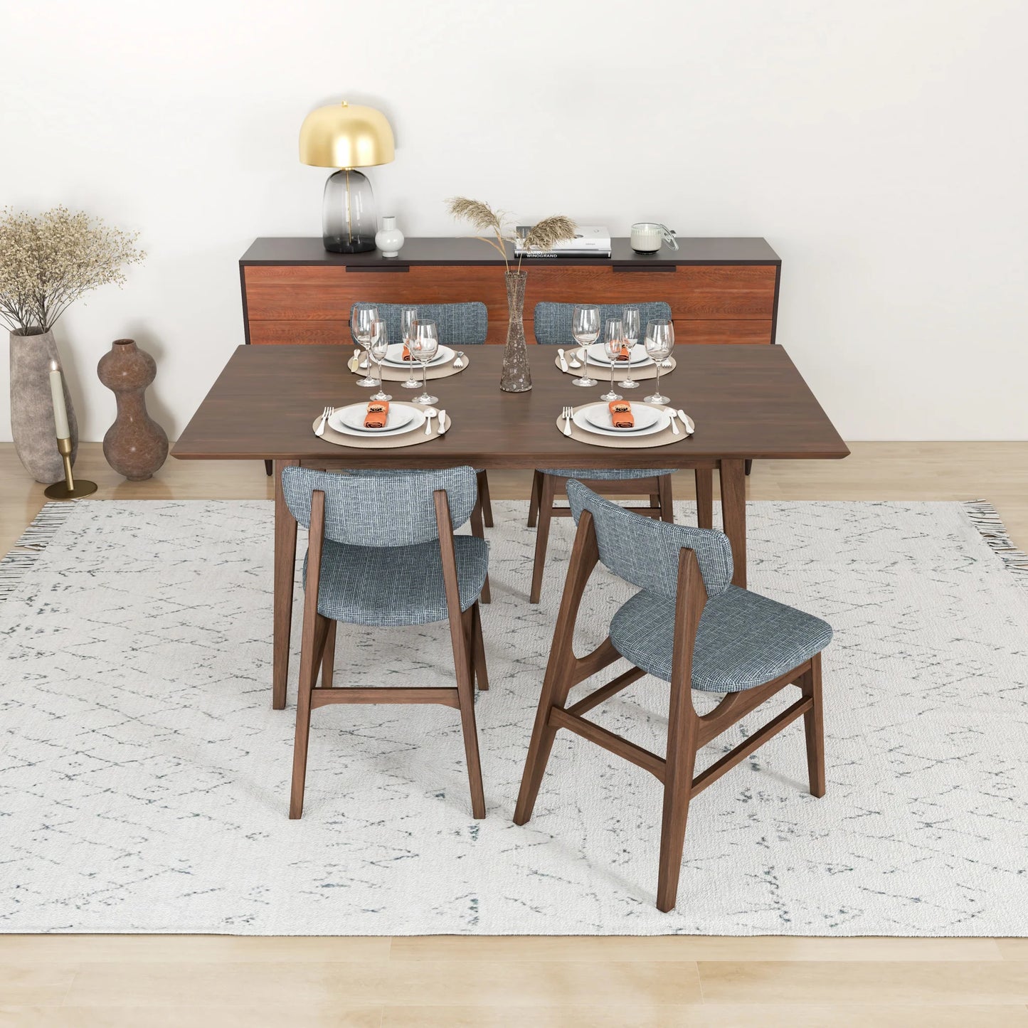 Alpine Large Dining Set with 4 Collins Dining Chairs (Walnut)