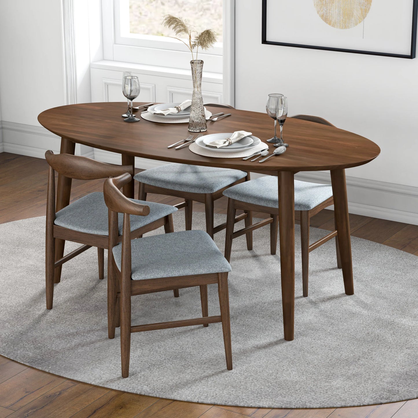 Rixos (Walnut) Oval Dining Set with 4 Winston (Grey) Dining Chairs