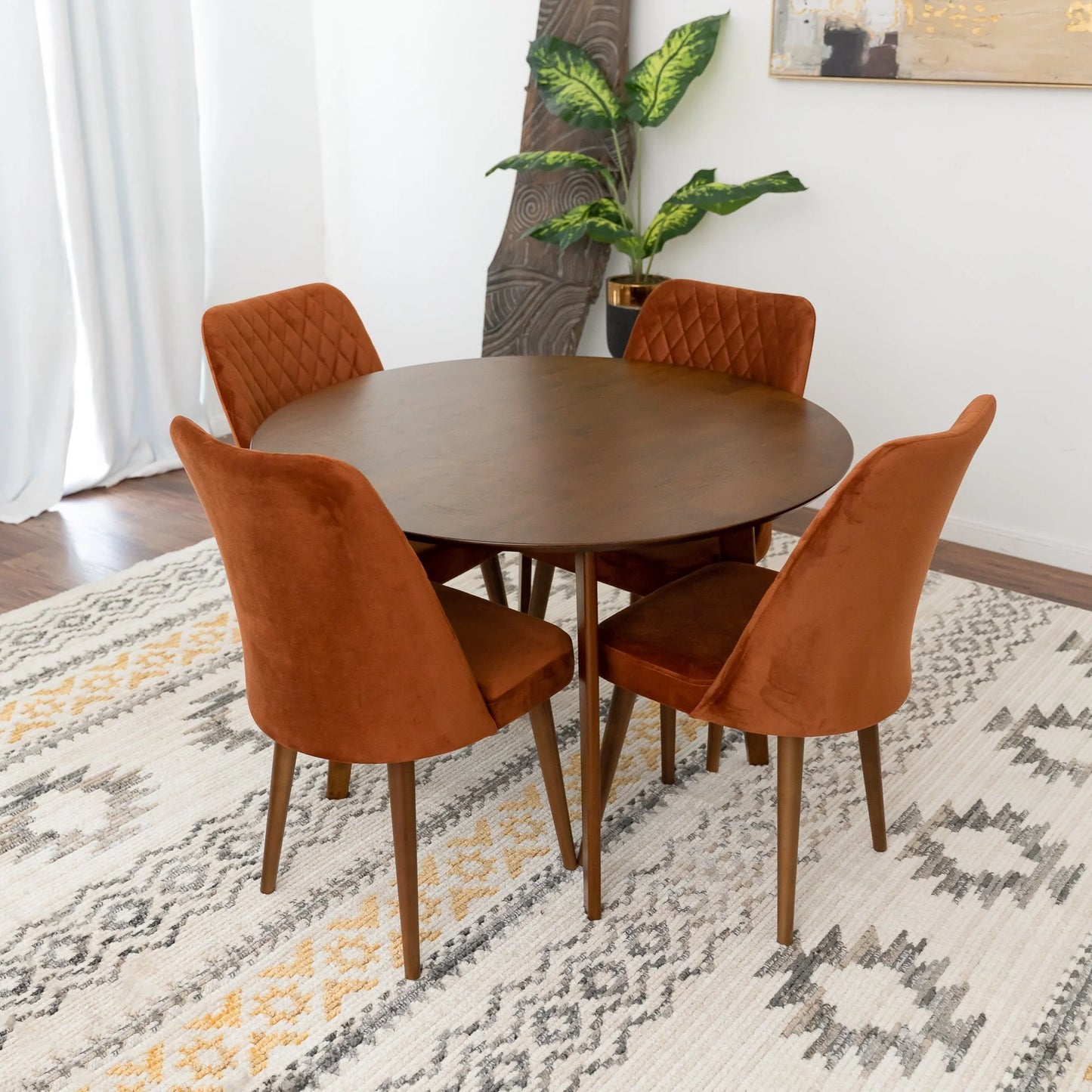 Aliana Dining Set with 4 Evette Orange Chairs (Walnut)
