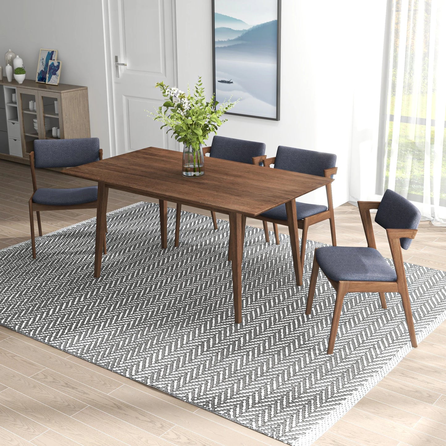 Adira Large Walnut Dining Set with 4 Ricco Dark Grey Dining Chairs