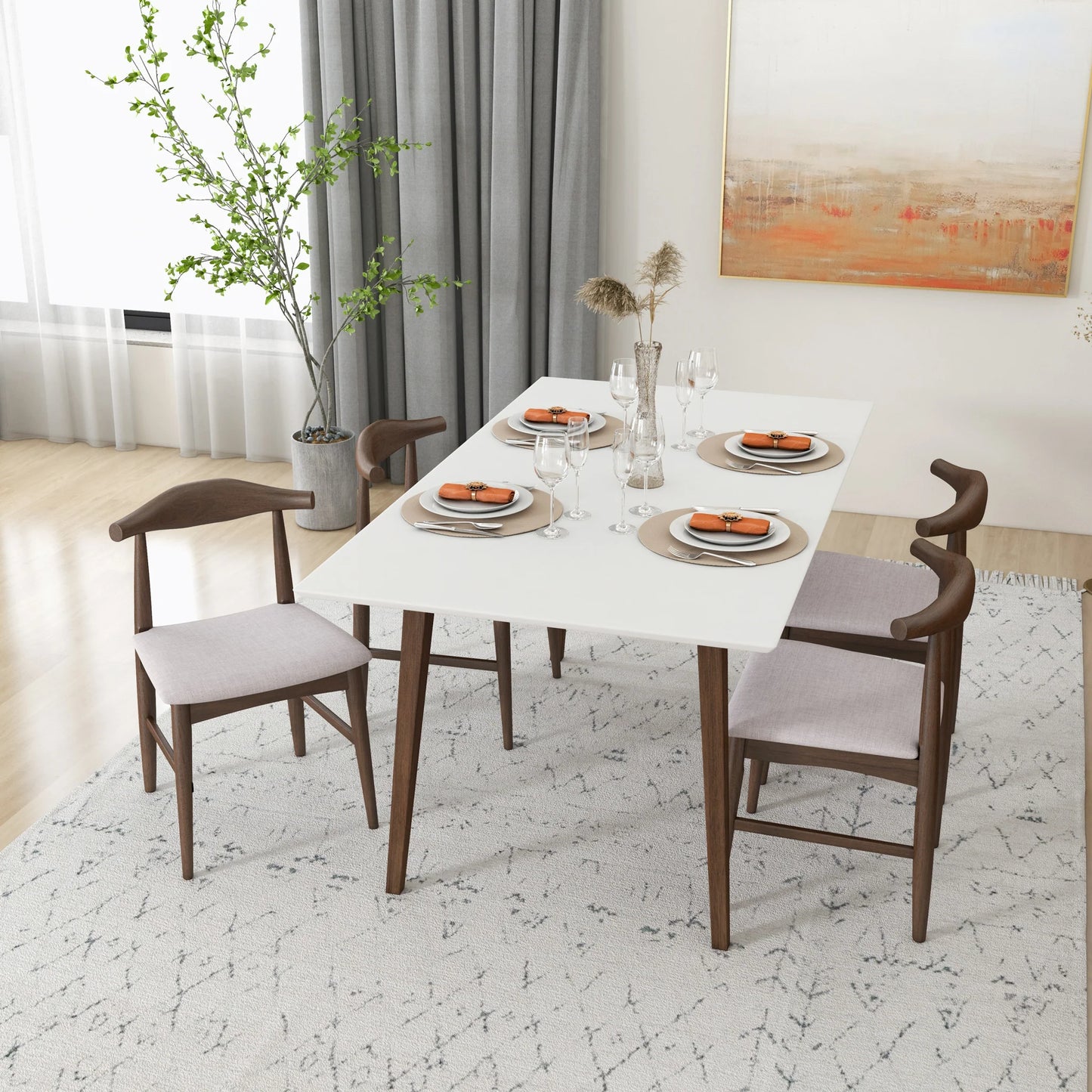 Alpine (Large - White) Dining Set with 4 Winston (Beige) Dining Chairs