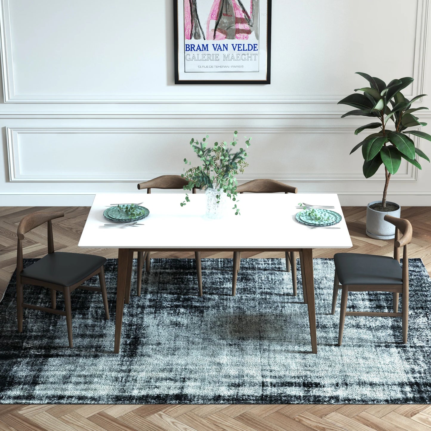 Adira (Large - White) Dining Set with 4 Winston (Black Leather) Dining Chairs