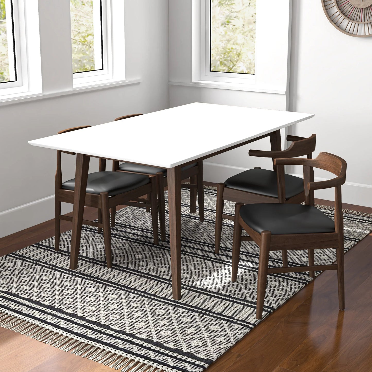 Alpine (Large - White) Dining Set with 4 Sterling (Black Leather) Dining Chairs
