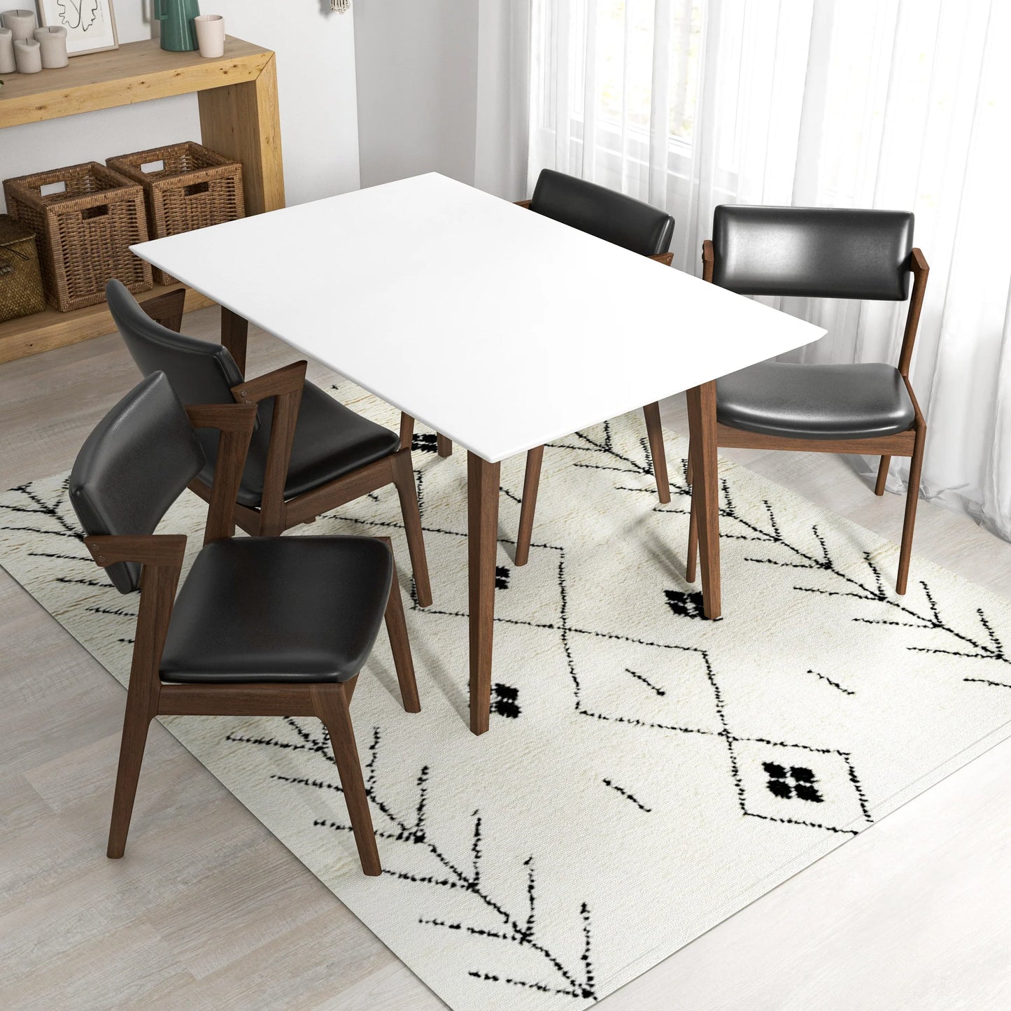 Adira (Small - White) Dining Set with 4 Ricco (Black Leather) Dining Chairs