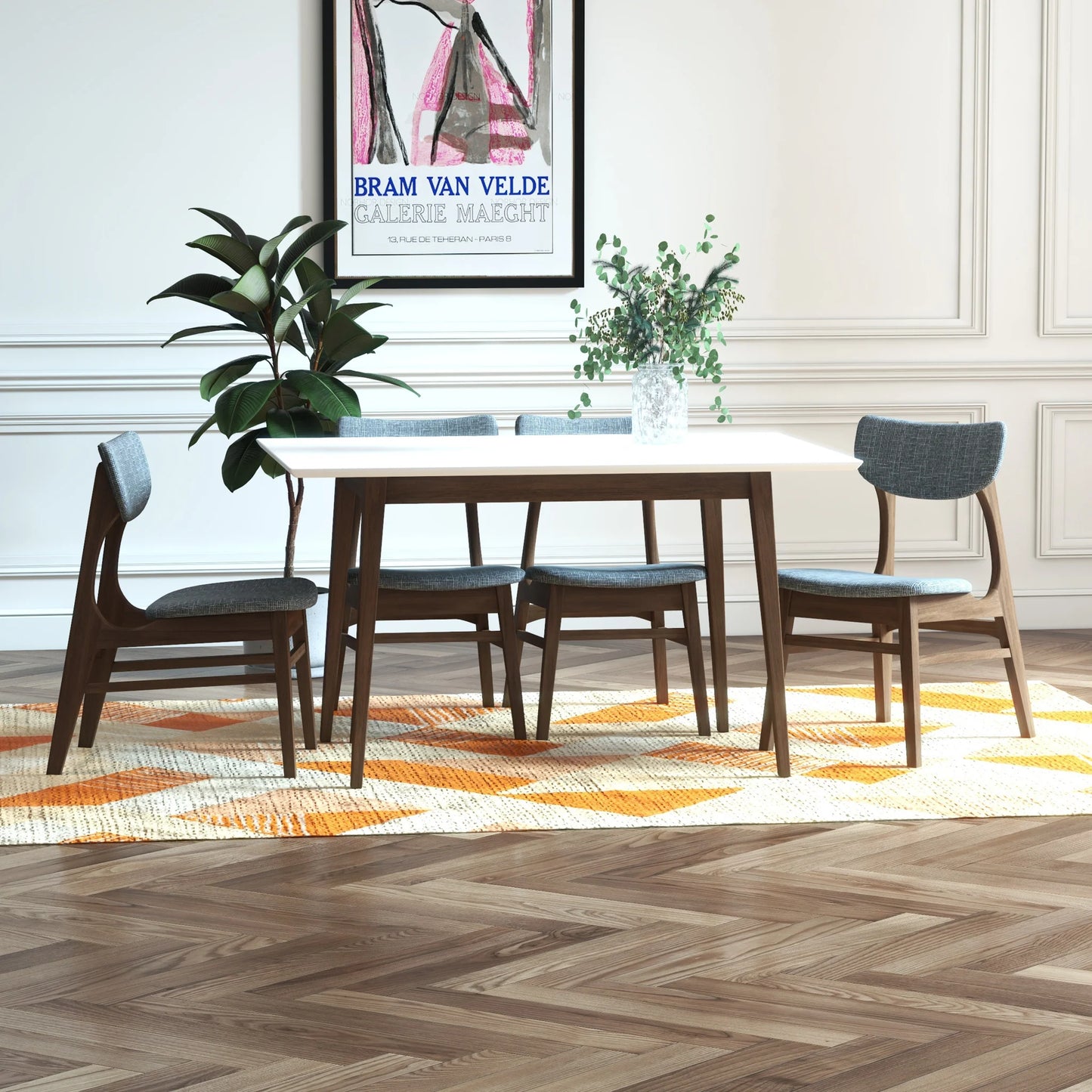 Adira (Small - White) Dining Set with 4 Collins (Grey) Dining Chairs