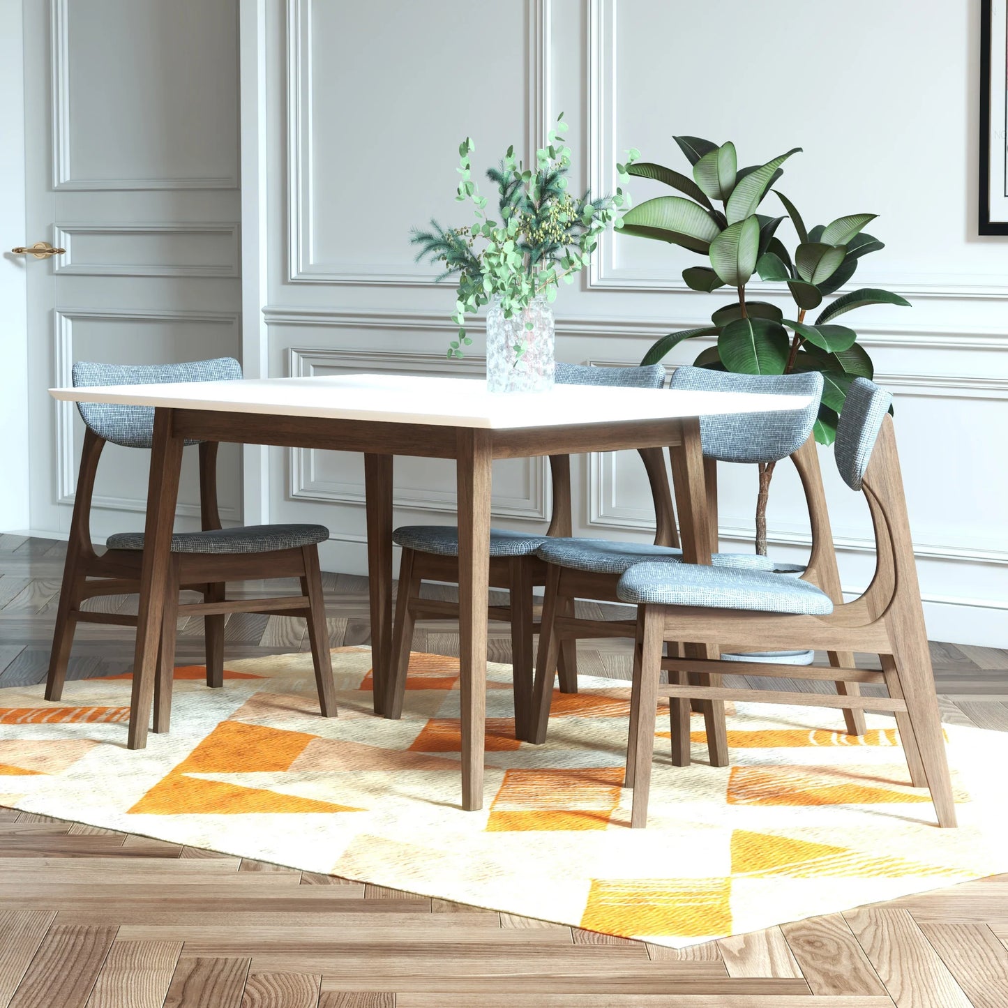 Adira (Small - White) Dining Set with 4 Collins (Grey) Dining Chairs