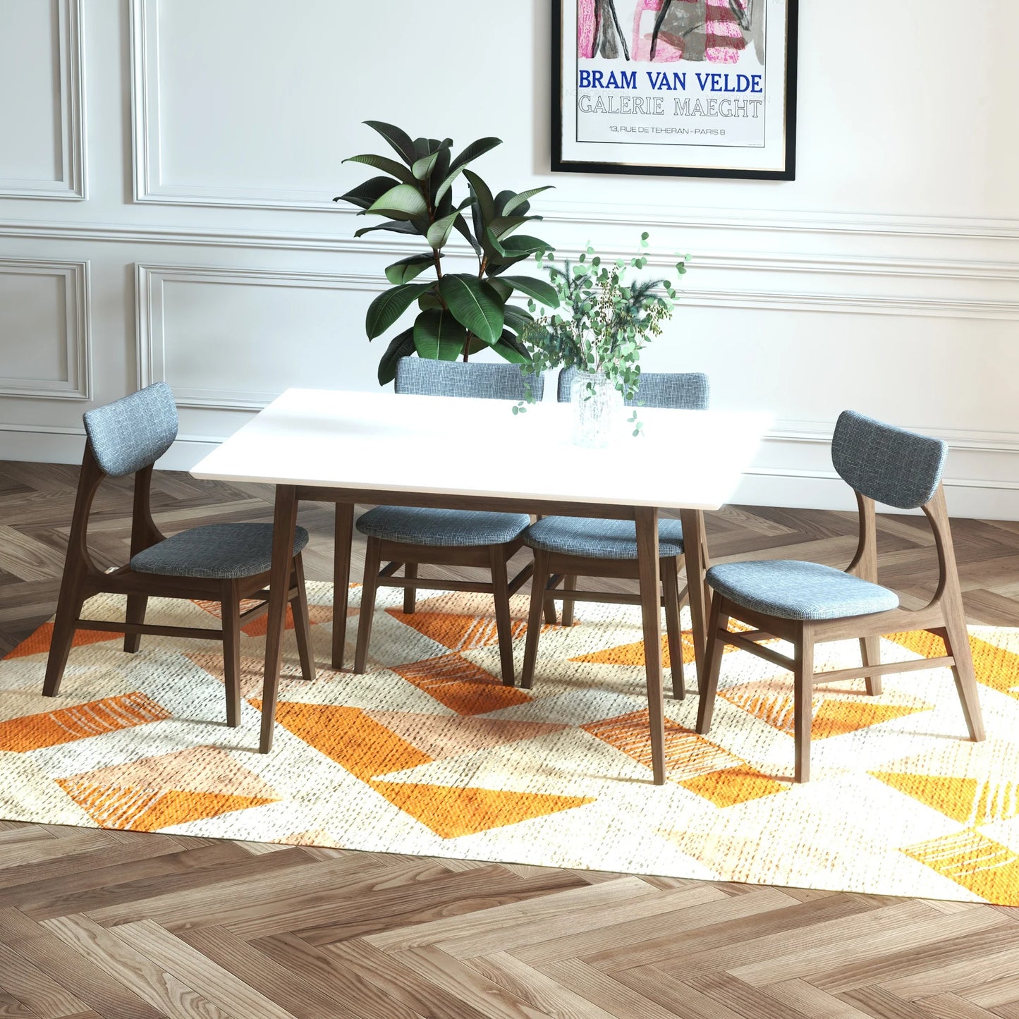 Adira (Small - White) Dining Set with 4 Collins (Grey) Dining Chairs