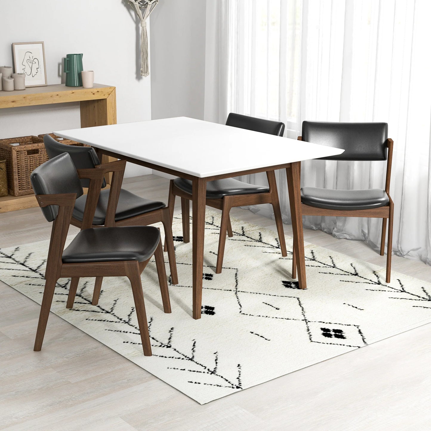 Adira (Small - White) Dining Set with 4 Ricco (Black Leather) Dining Chairs