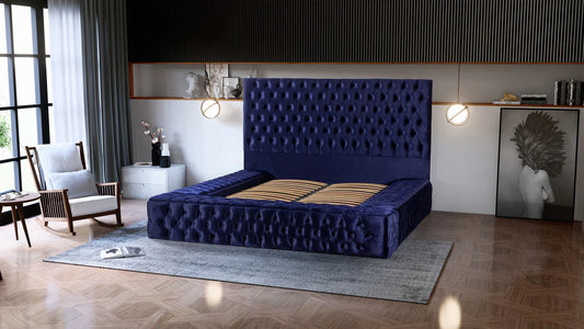 Pandora Velvet Queen Storage Platform Bed - Navy Blue