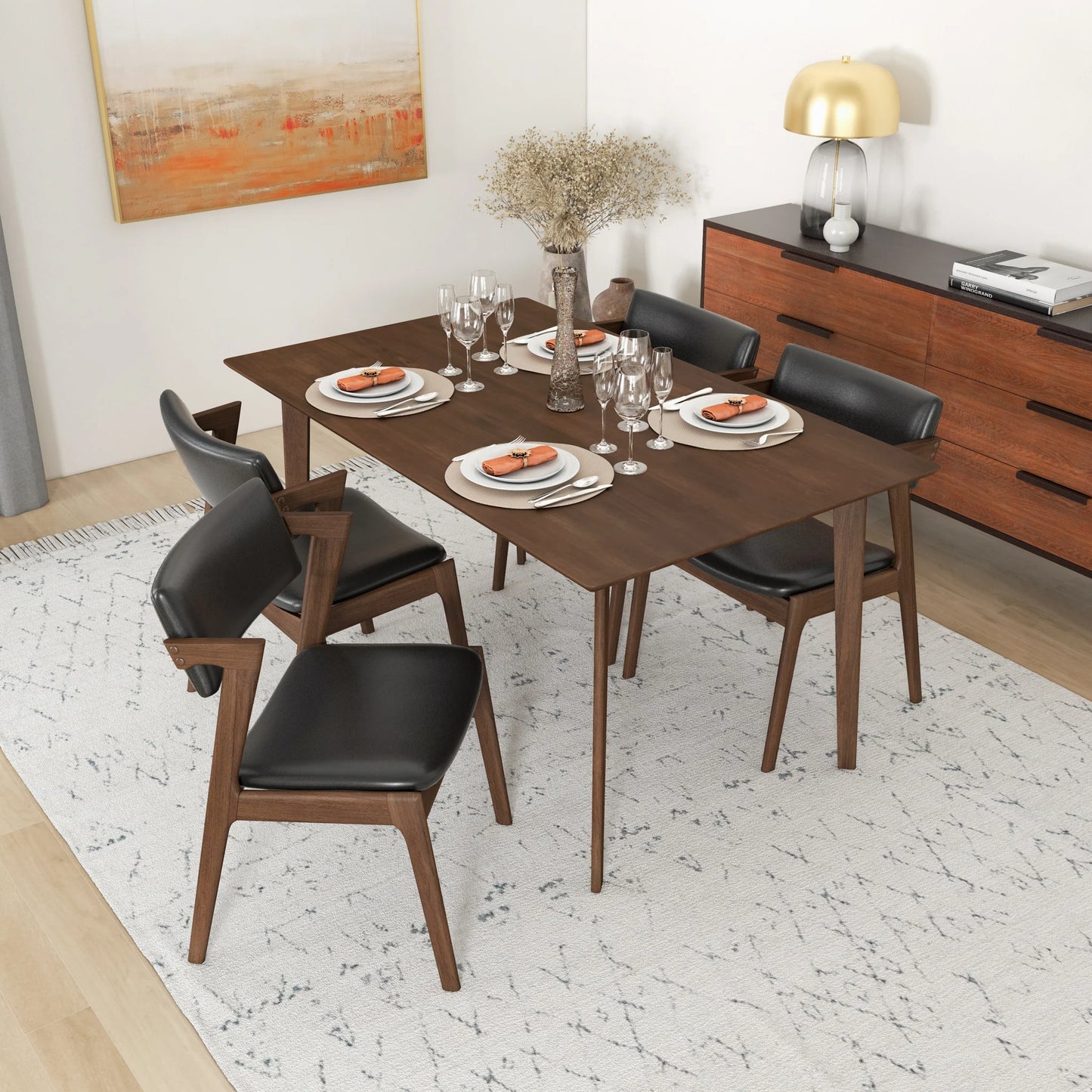 Abbott Large Walnut Dining Set with 4 Ricco Black Leather Chairs