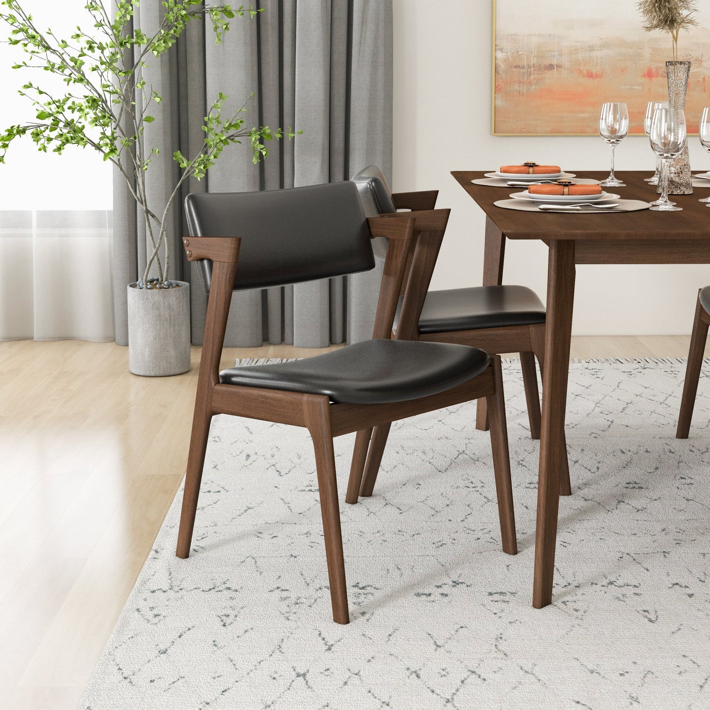 Abbott Large Walnut Dining Set with 4 Ricco Black Leather Chairs