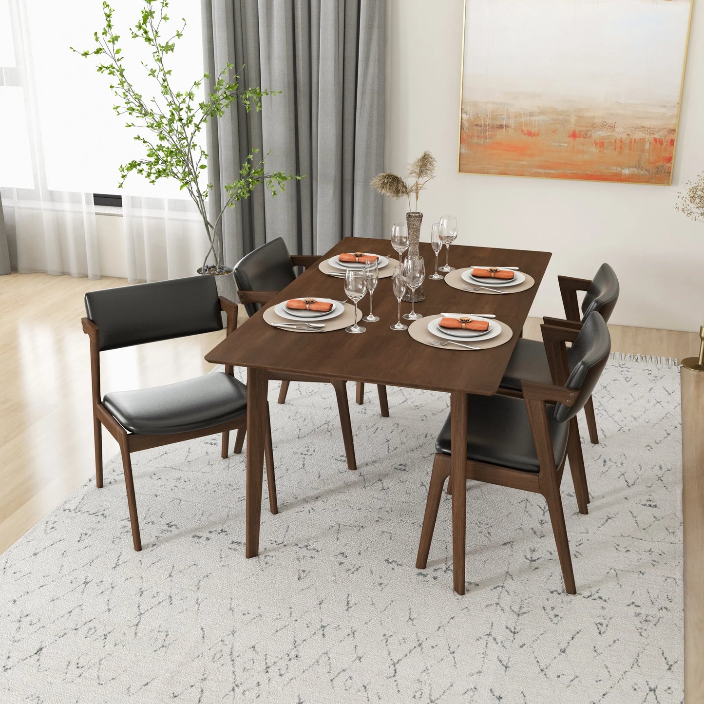 Abbott Large Walnut Dining Set with 4 Ricco Black Leather Chairs