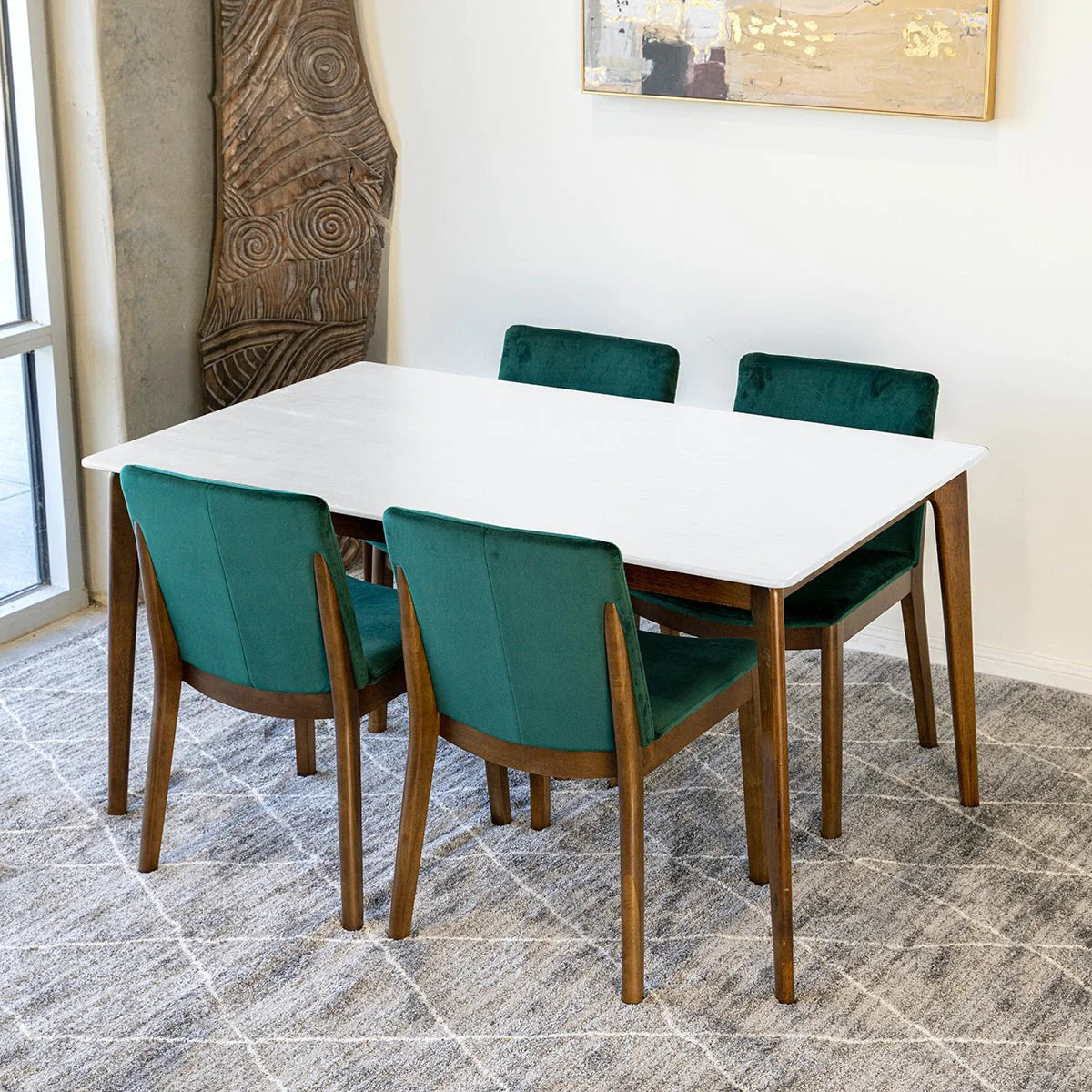Selena (White) Dining Set with 4 Virginia (Green Velvet) Dining Chairs