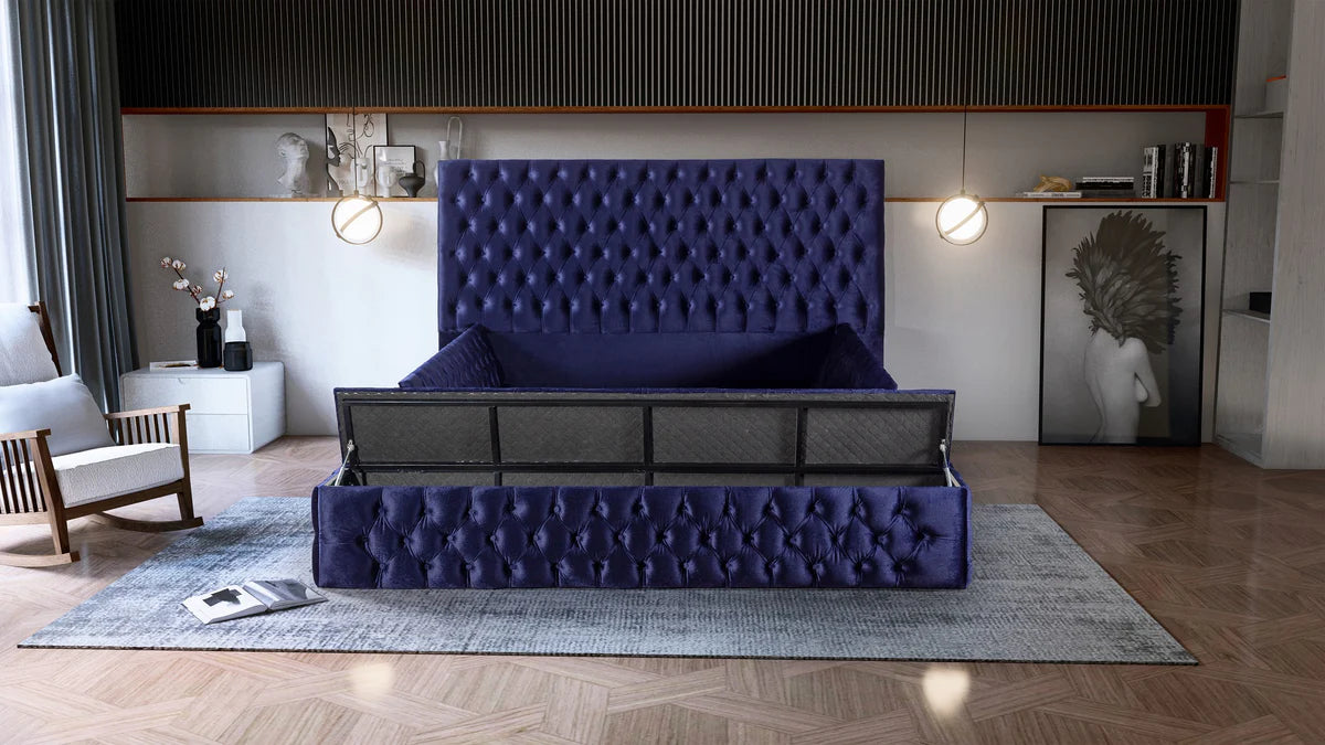Pandora Velvet Queen Storage Platform Bed - Navy Blue